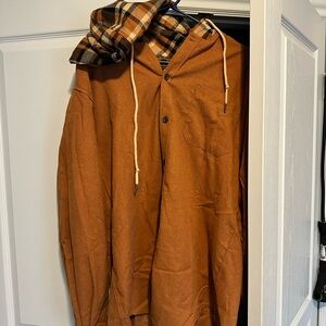 Rust Orange Hooded Button Shirt with Plaid Lining